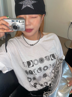 圆领纯棉T恤女短袖 新 复古天气预报韩系小众百搭黑白印花夏季 晚睡