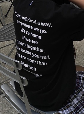 晚睡/初恋女孩黑色夏季情侣短袖简约百搭设计感后背印花T恤女夏新