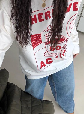 晚睡/红色高级热咖啡打底春秋长袖女百搭宽松创意自制款简约ins风