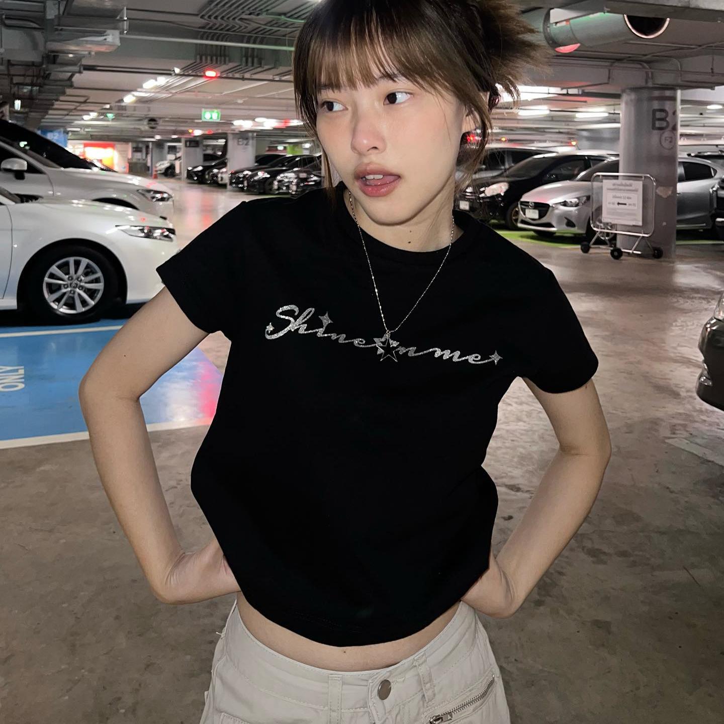 美式复古小众烫钻正肩短袖t恤女