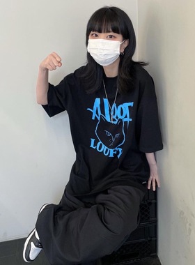 ODD/酷酷猫咪子夏季蓝色印花纯棉重磅情侣短袖夏季宽松ins小众T