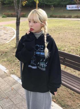 晚睡/黑色2023奇奇怪怪印花加绒连帽秋卫衣女百搭加厚宽松情侣ins