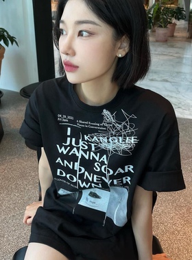 晚睡/巨百搭的黑色显瘦夏季百搭T恤小众简约街头情侣宽松短袖女夏