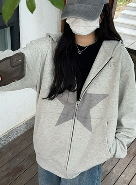晚睡/五角星灰色拉链开衫百搭秋冬加厚毛圈情侣宽松ins小众女外套