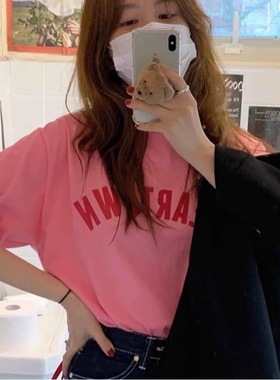 晚睡/绝美瑰红色字母印花夏日显白单品圆领短袖女韩系辣妹T系女夏