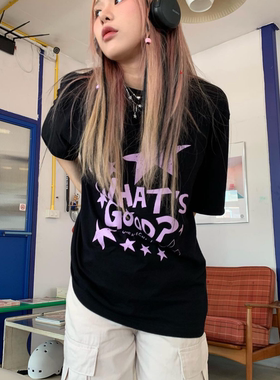 晚睡/小紫爱心与本木黑百搭情侣短袖韩系小众纯棉圆领T恤女夏新款