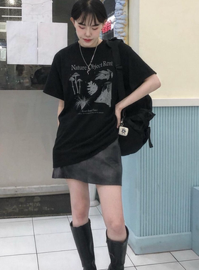 晚睡/黑白淡彩植物合集印花夏季巨慵懒百搭宽松ins短袖T恤女上衣