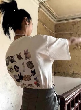ODD/后背biubiubiu小猫咪夏季圆领可爱短袖百搭宽松情侣T恤女夏