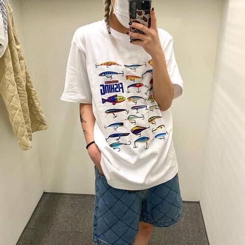 晚睡/超多鱼钩搞怪可爱夏季圆领韩系短袖女百搭两色情侣休闲T恤潮