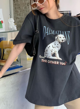 晚睡/烟灰色的一只斑点狗夏季圆领纯棉短袖T恤女小众简约情侣ins