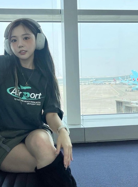 晚睡/烟灰色小众韩系绿字母百搭短袖显白重磅简约情侣T恤女夏ins