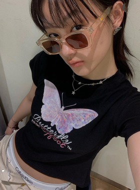 晚睡/紫色蝴蝶露脐短款黑色上衣短袖女百搭小众高腰显瘦春夏ins新