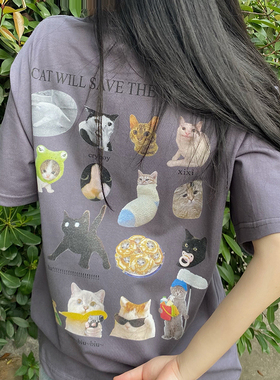 晚睡/后背猫咪biubiubiu烟灰色数码印宽松短袖女韩系上衣自制系列