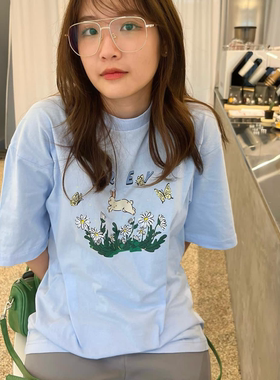 晚睡/小兔花丛中夏季浅蓝色可爱印花短袖百搭甜心纯棉圆领T恤女夏