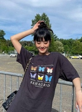 晚睡/深灰色蝴蝶夏季显白数码印重磅情侣短袖女韩系小众简约T恤夏