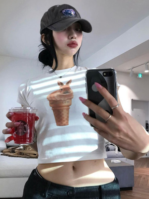 短袖T恤露脐小短款常规印花棉女