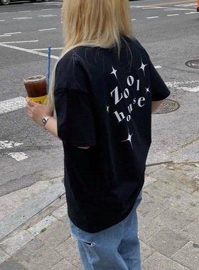 晚睡/前后钻石印花圆领夏季黑色纯棉短袖女百搭显瘦情侣款insT恤