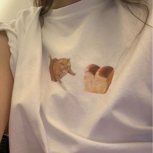 韩国猫咪蛋糕印花夏日简约卡通百搭圆领短袖 晚睡 可爱女情侣T恤夏