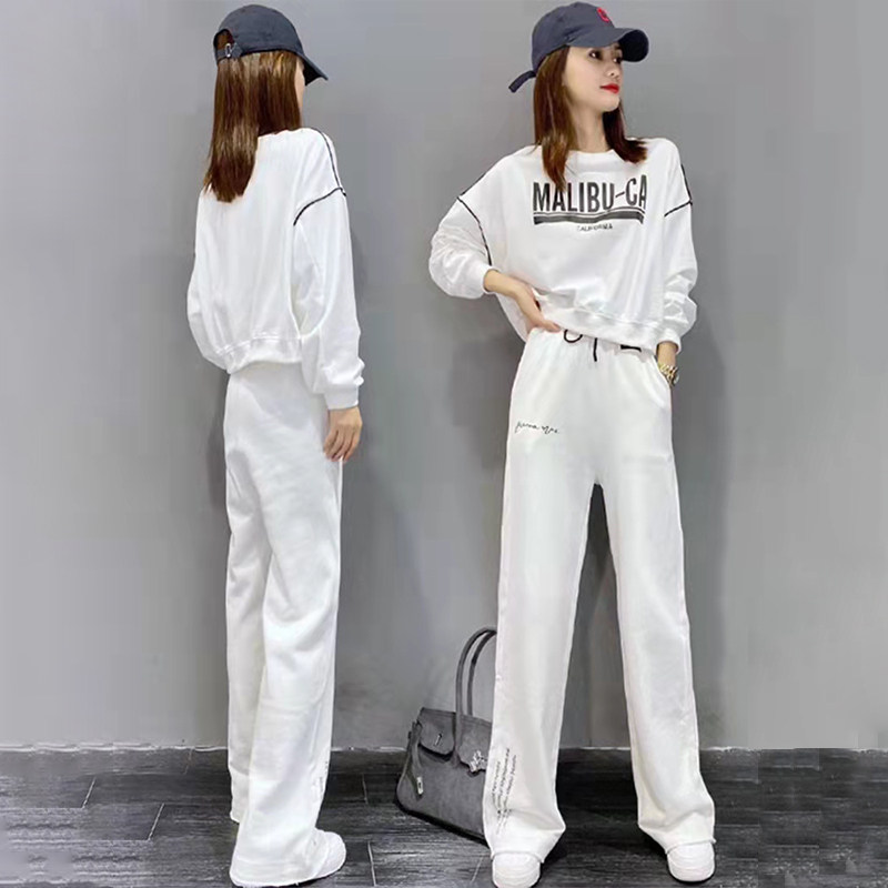 纯棉休闲运动套装女2023秋季新款宽松显瘦卫衣阔腿裤两件套欧货潮