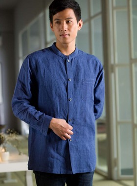 慈缘棉麻布衣日本水洗亚麻立领男装秋季衬衣棉麻上衣60224四色入
