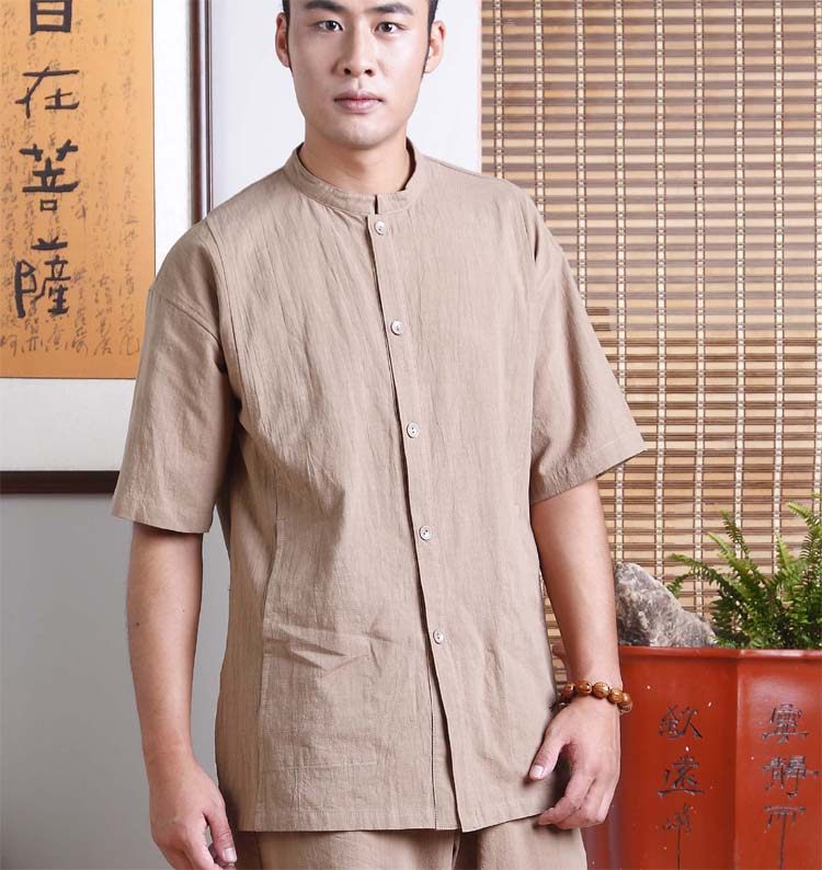 慈缘棉麻布衣夏季新品男装短袖纯棉纯色衬衫中式宽松上衣YXS08