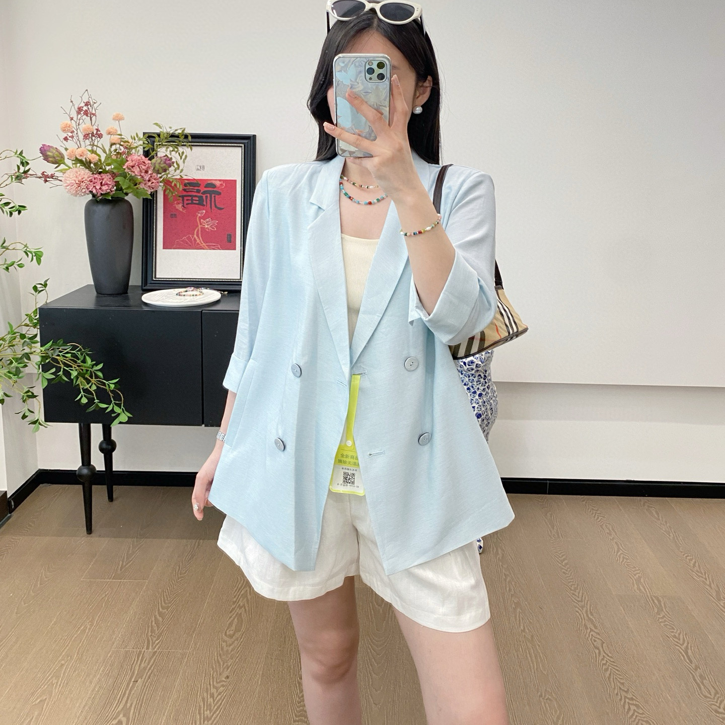 轻奢简约双排扣西装外套薄款透气七分袖宽松百搭通勤女士短款西服