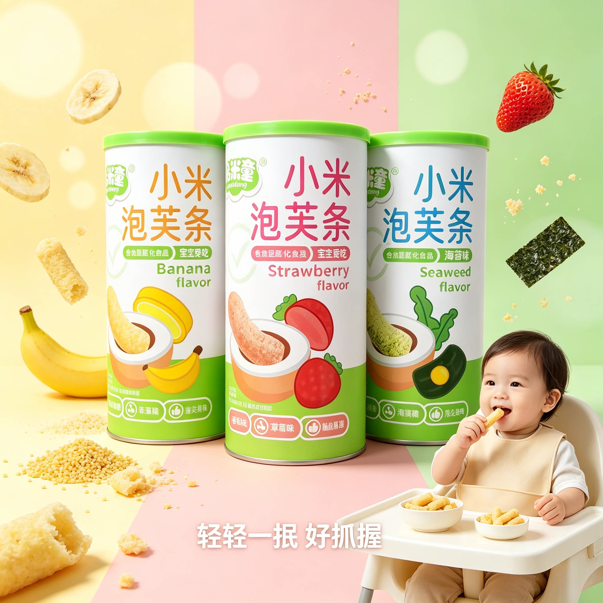 哈米童小米泡芙条海苔入口即化草莓味0糖儿童零食香蕉手指泡芙饼