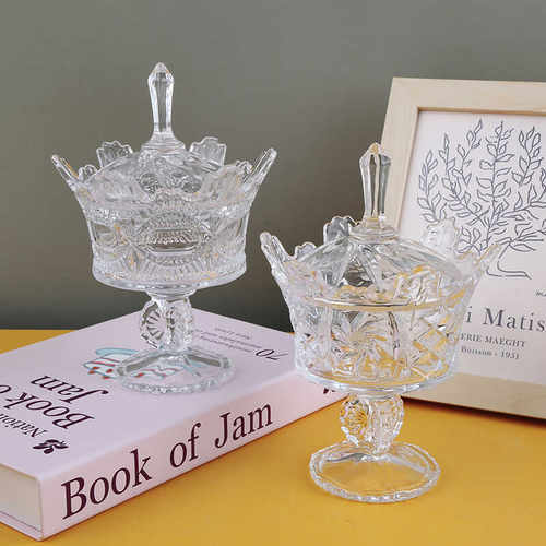 玻璃法式浮雕复古皇冠糖缸干糖果罐首饰盒杂物收纳棉签储物罐杂货