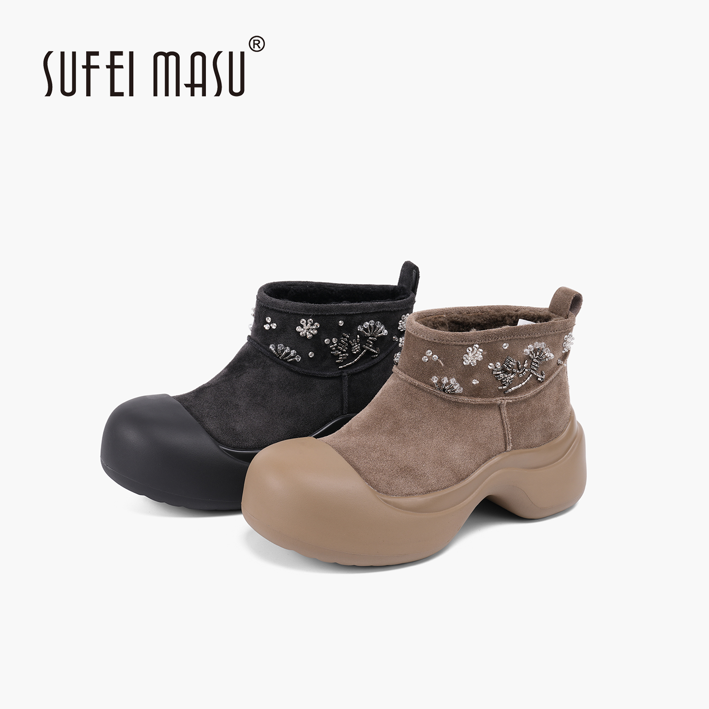 苏菲玛素厚底增高雪地靴秋冬新款串珠加绒保暖复古棉靴SF52-90962