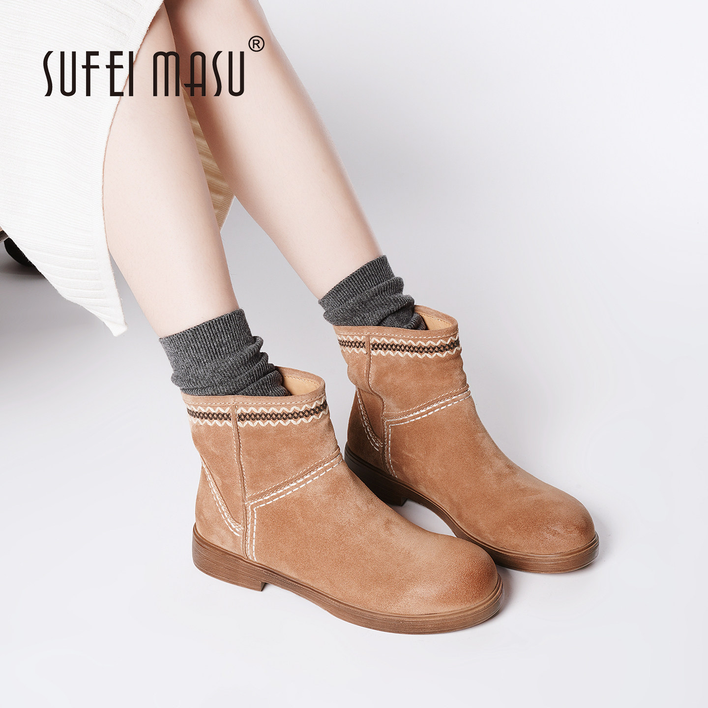 SUFEIMASU/苏菲玛素真皮低跟平底靴女新款厚底休闲短靴SF52-18272