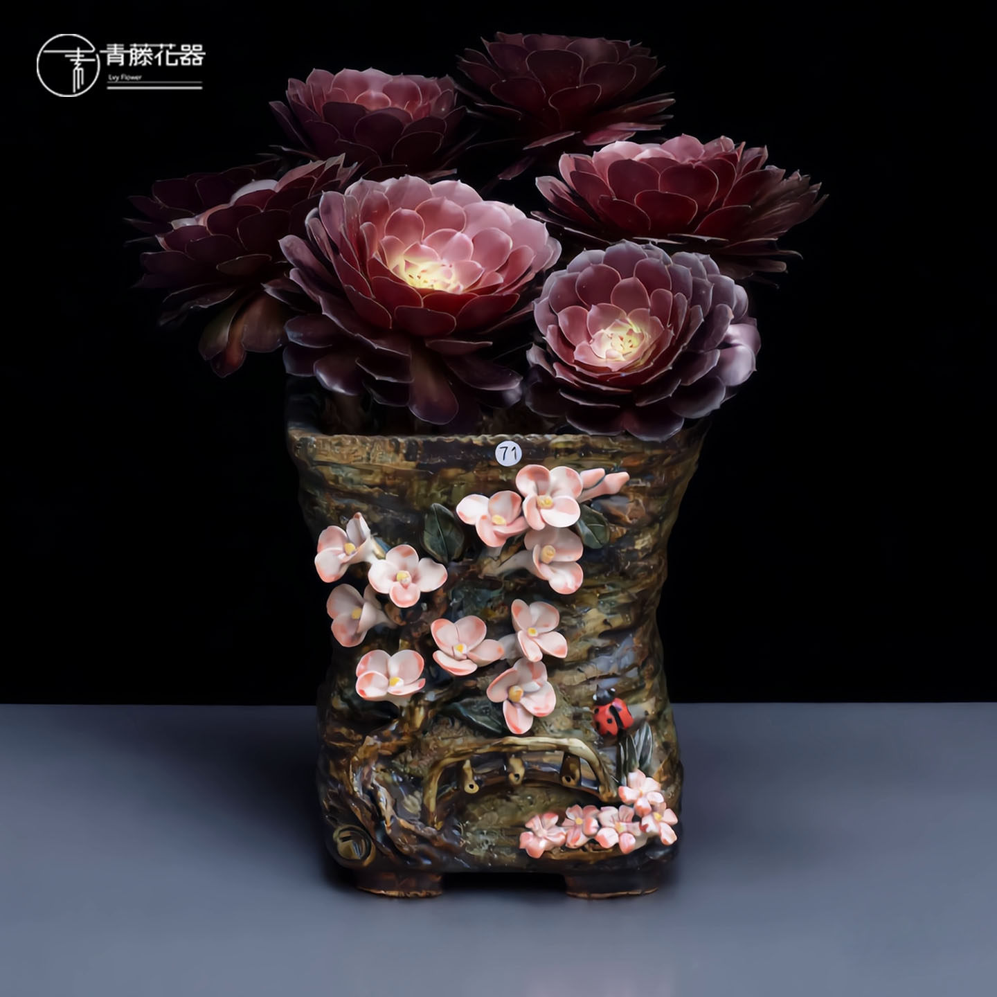 青藤花器韩式多肉粗陶花盆复古手绘透气缀化黑法师仙女老桩高装饰