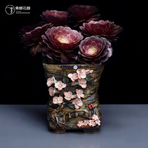 青藤花器韩式多肉粗陶复古手绘