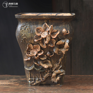 青藤花器手捏粗陶法师缀化悬崖老桩高盆景天科多肉深色系花盆韩式