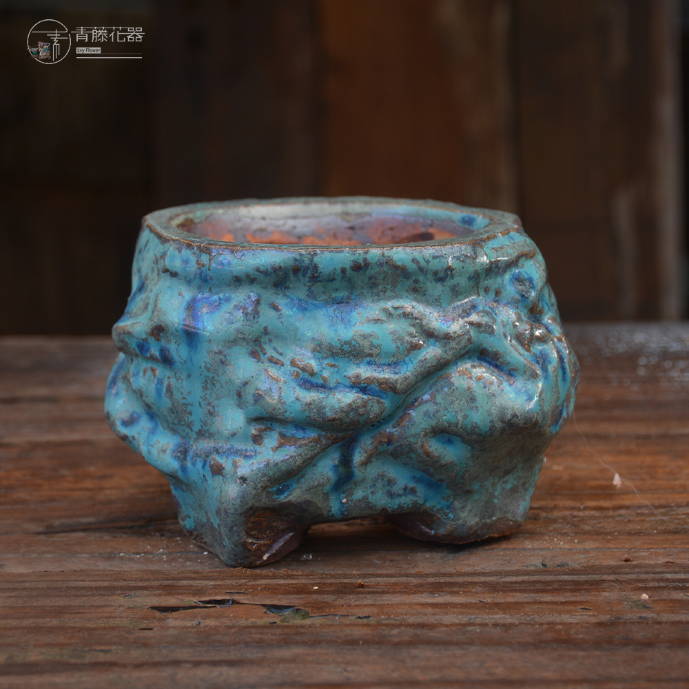 青藤花器手捏粗陶青铜小石头群生