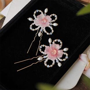 汉服点缀发饰古风仙气发钗清新掩鬓头饰发夹粉色花朵蝴蝶结配饰品