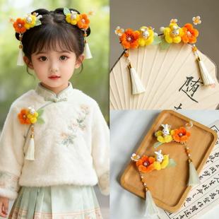 古风可爱毛绒兔子女童发夹秋冬仿绒花发卡边夹百搭汉服头饰配饰品