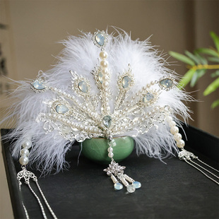 嫦娥羽毛凤冠发饰古风汉服凤凰流苏头饰女儿国同款冷清感发冠配饰