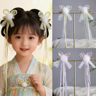 古风头饰儿童小兔子耳朵流苏发夹古装毛绒对夹饰品长飘带发饰配饰