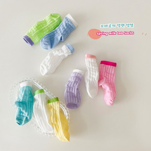 儿童袜子春夏季拼色竖条网眼袜