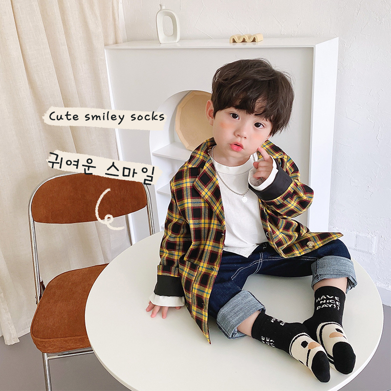 儿童袜子秋冬季纯棉宝宝加厚保暖中筒袜男童女童黑白笑脸毛圈袜潮
