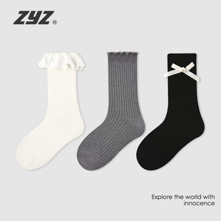 女童袜子春秋纯棉儿童miu风蝴蝶结花边中筒袜宝宝秋冬白色公主袜