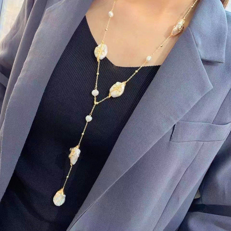 巴洛克天然异形超大珍珠设计师款手作项链腰链重工毛衣链14K注金