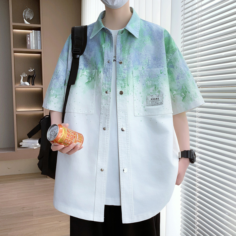 欧洲站夏季牛仔短袖衬衫男潮流2025新款青少年初中学生痞帅潮牌衬