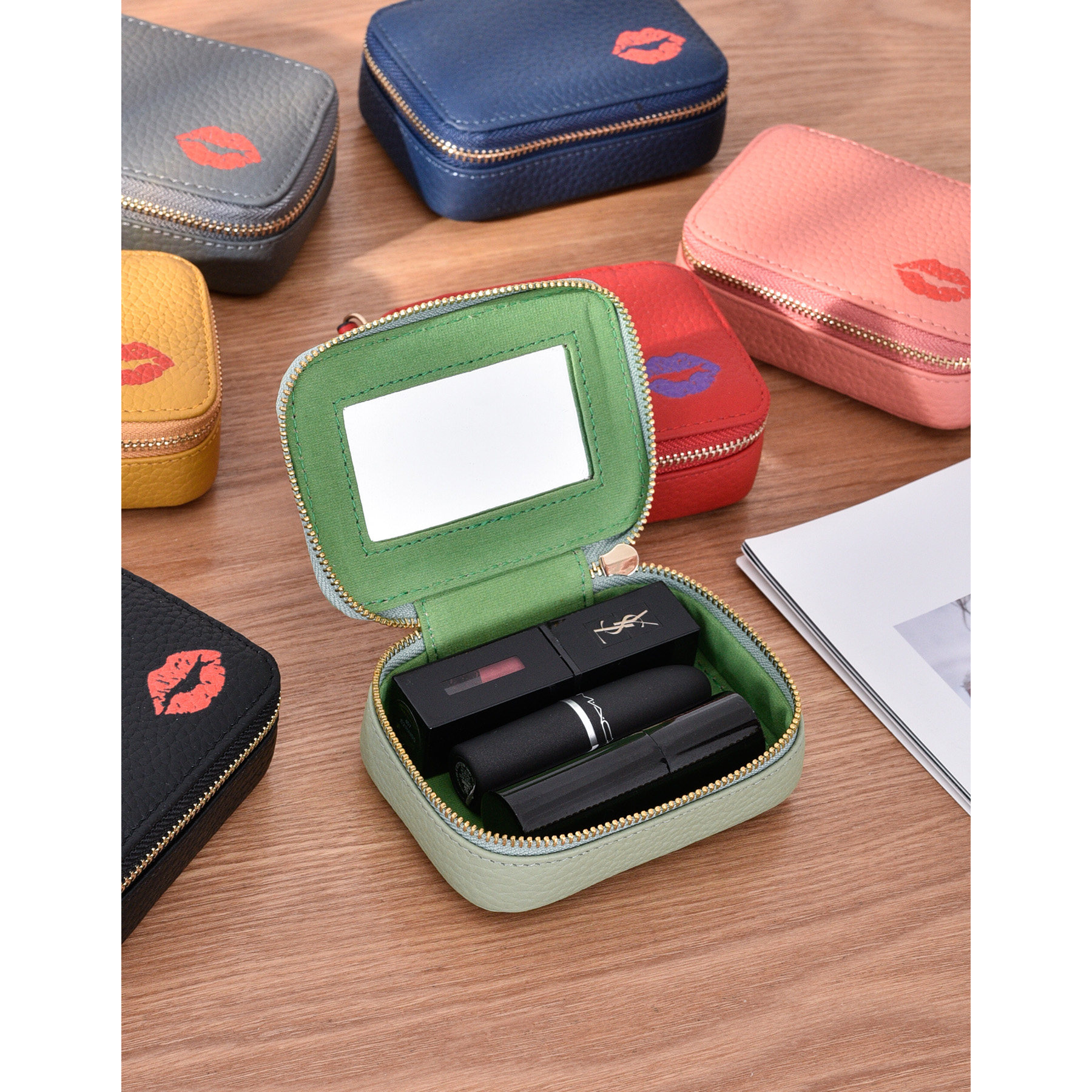 日韩迷你真皮口红包带镜子头层牛皮化妆包数据线耳机收纳包首饰盒