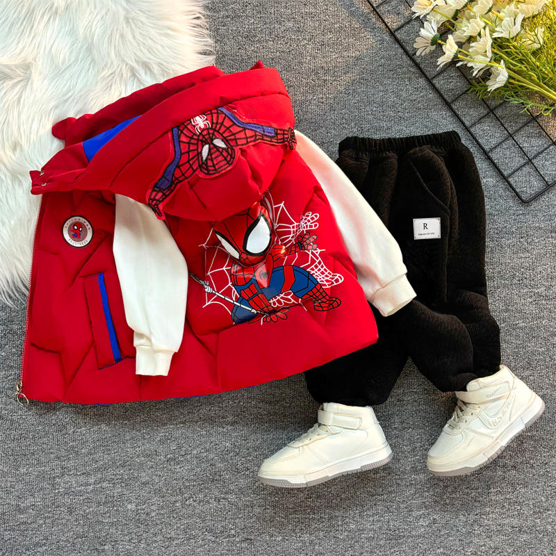男童蜘蛛侠套装宝宝加厚25新款加绒三件套3-8岁儿童羽绒棉马甲潮