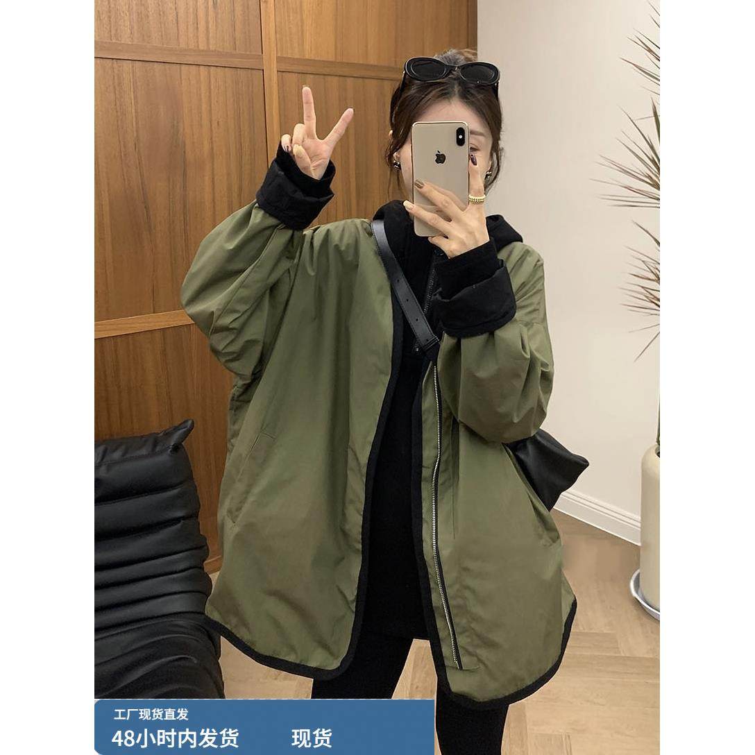 正反两面穿拉链工装风衣外套女2024冬季高级感百搭时尚薄款棉服潮