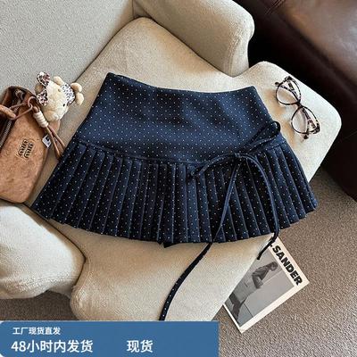 藏青色波点百褶毛呢半身裙女秋冬学院风小个子miu系穿搭短款a字裙