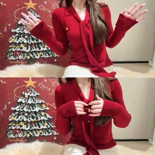 飘带红色毛衣女款2026新款冬季本命年马年衣服多巴胺过年穿搭上衣