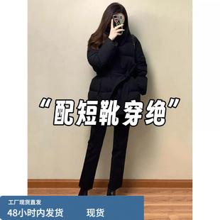 黑色九分直筒牛仔裤女秋冬加绒高腰靴裤小个子法棍裤配短靴烟管裤