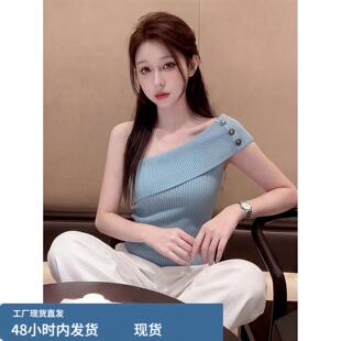 韩版一字肩针织衫女夏新款修身显瘦露肩设计感短袖亲肤透气上衣